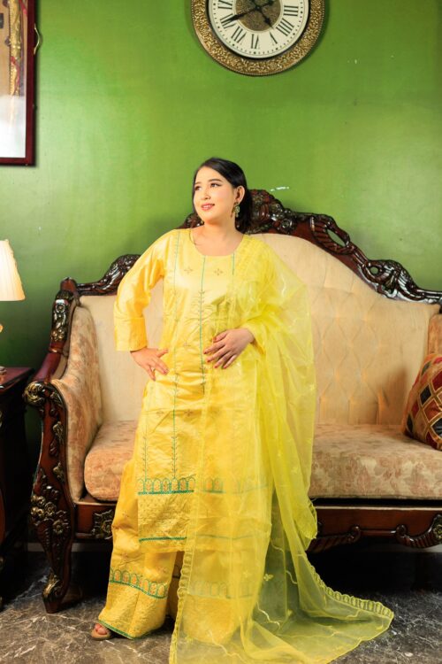 Yellow embroidered cotton sharara with organza dupatta