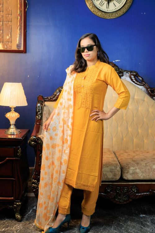 Mustard yellow kurta with chikan trouser